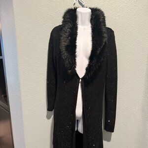 White House Black Market Black Sequin Sweater Duster With Faux Fur Collar